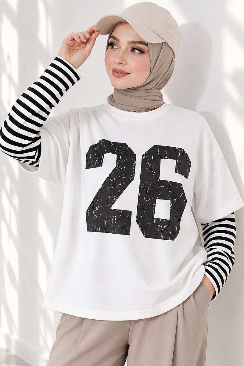 Kol Çizgili 26 Baskılı Tunik Siyah