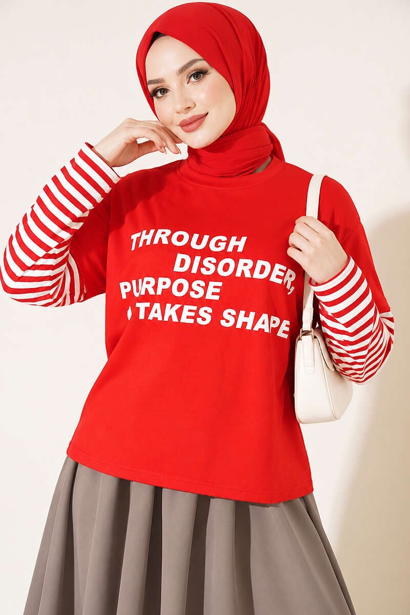 Kol Çizgili Baskılı Sweatshirt Kırmızı