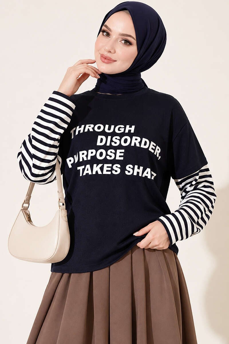 Kol Çizgili Baskılı Sweatshirt Lacivert