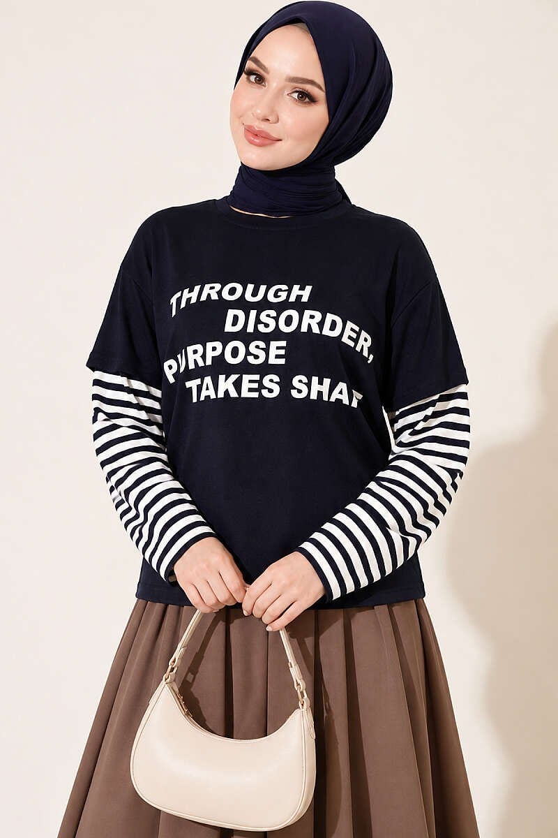 Kol Çizgili Baskılı Sweatshirt Lacivert
