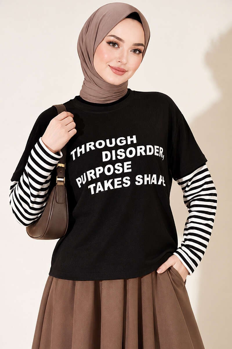 Kol Çizgili Baskılı Sweatshirt Siyah