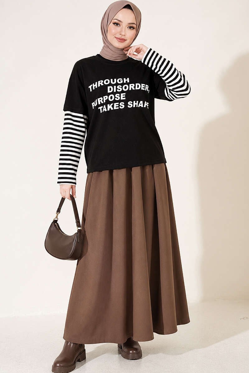Kol Çizgili Baskılı Sweatshirt Siyah