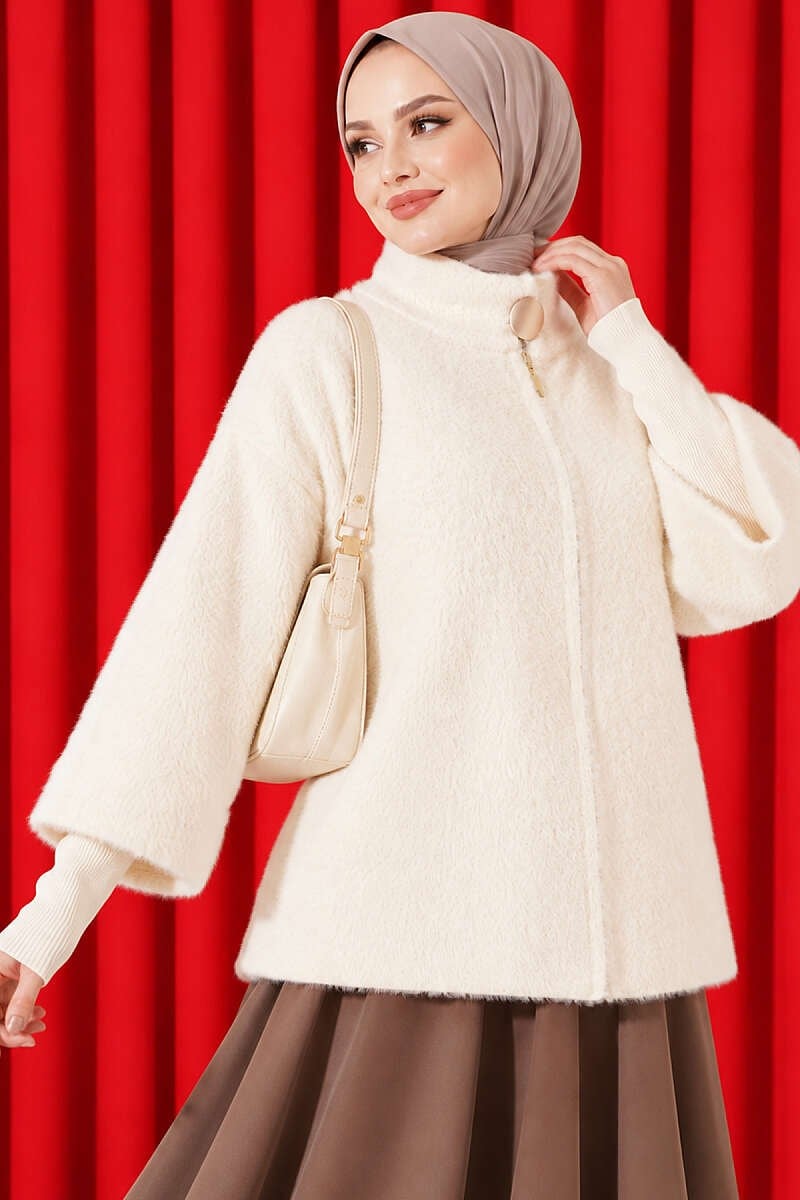 Kol Ribanalı Fermuarlı Angora Hırka Taş