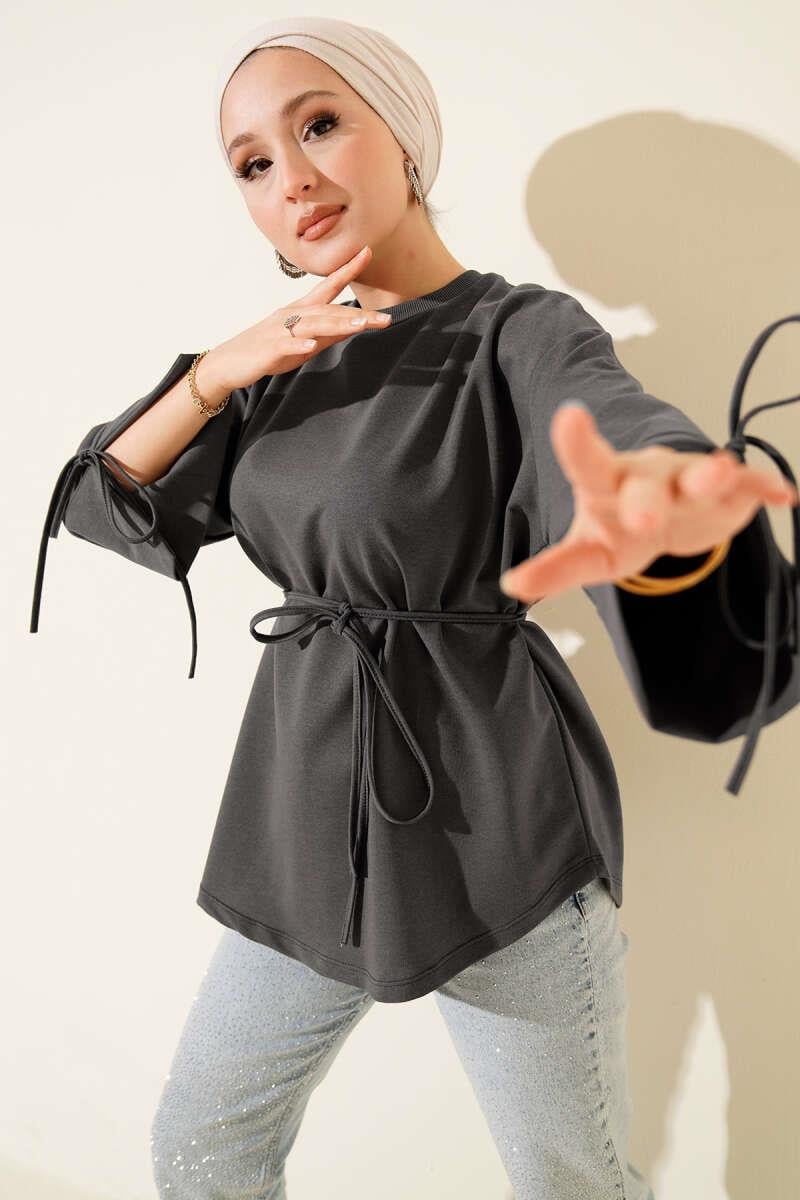 Kolları Bağcıklı İki İpli Tunik Füme