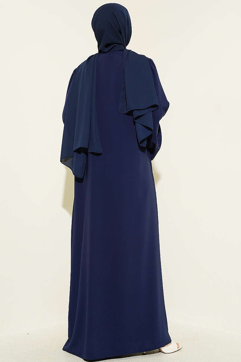 Kolları Çiçek Nakışlı Abaya Lacivert