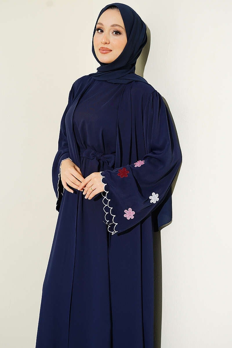 Kolları Çiçek Nakışlı Abaya Lacivert