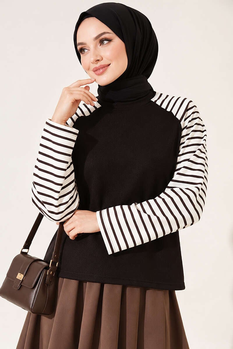 Kolları Çizgili Basic Sweatshirt Kahve