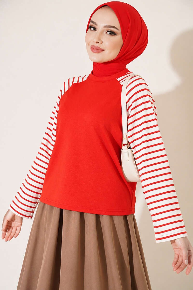 Kolları Çizgili Basic Sweatshirt Kırmızı