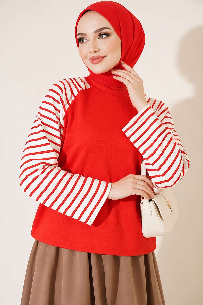 Kolları Çizgili Basic Sweatshirt Kırmızı