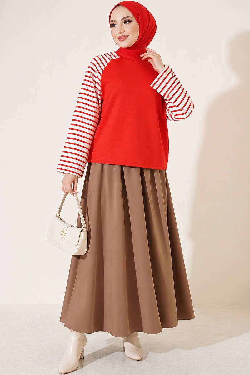 Kolları Çizgili Basic Sweatshirt Kırmızı