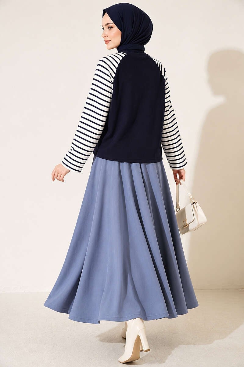 Kolları Çizgili Basic Sweatshirt Lacivert