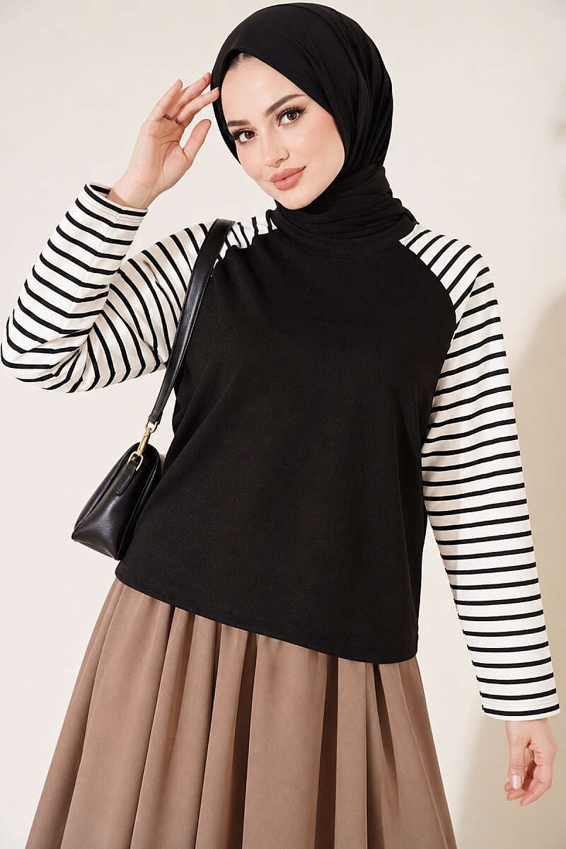 Kolları Çizgili Basic Sweatshirt Siyah