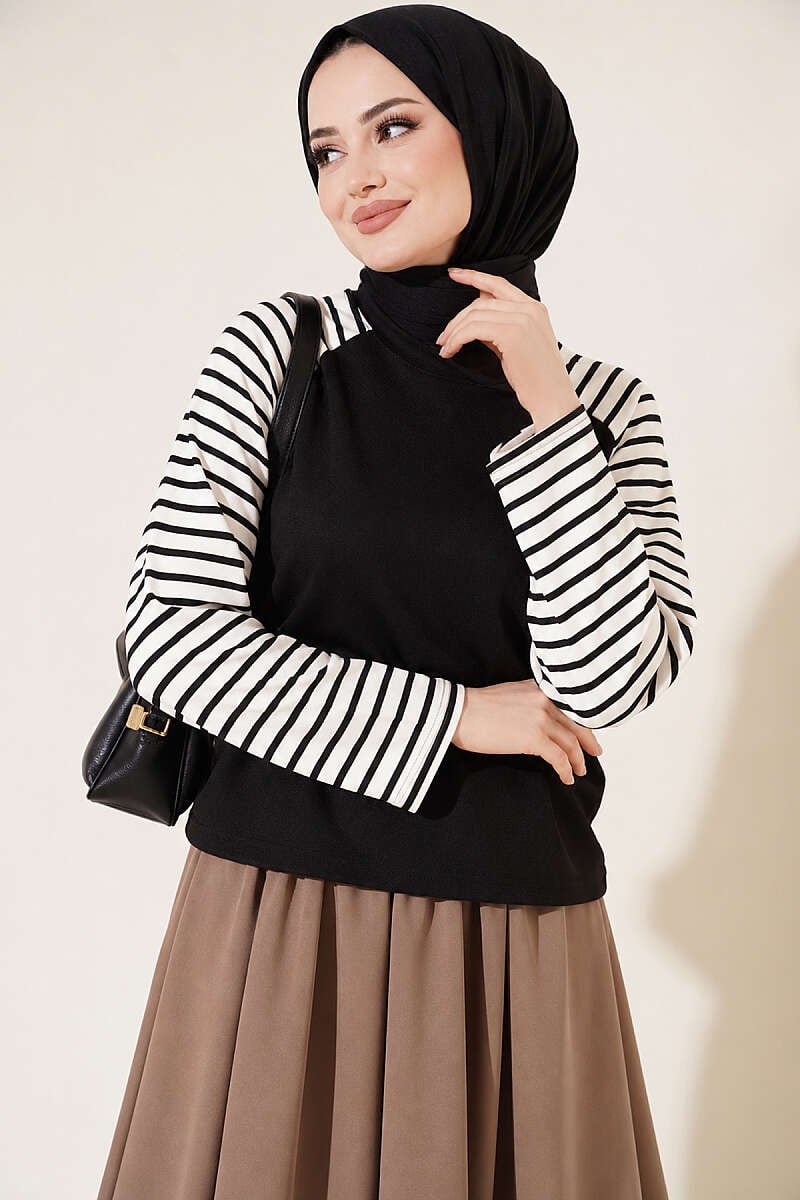 Kolları Çizgili Basic Sweatshirt Siyah