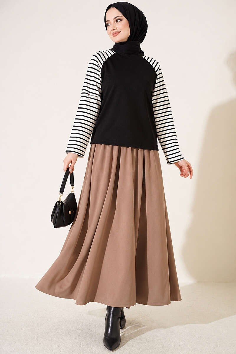 Kolları Çizgili Basic Sweatshirt Siyah