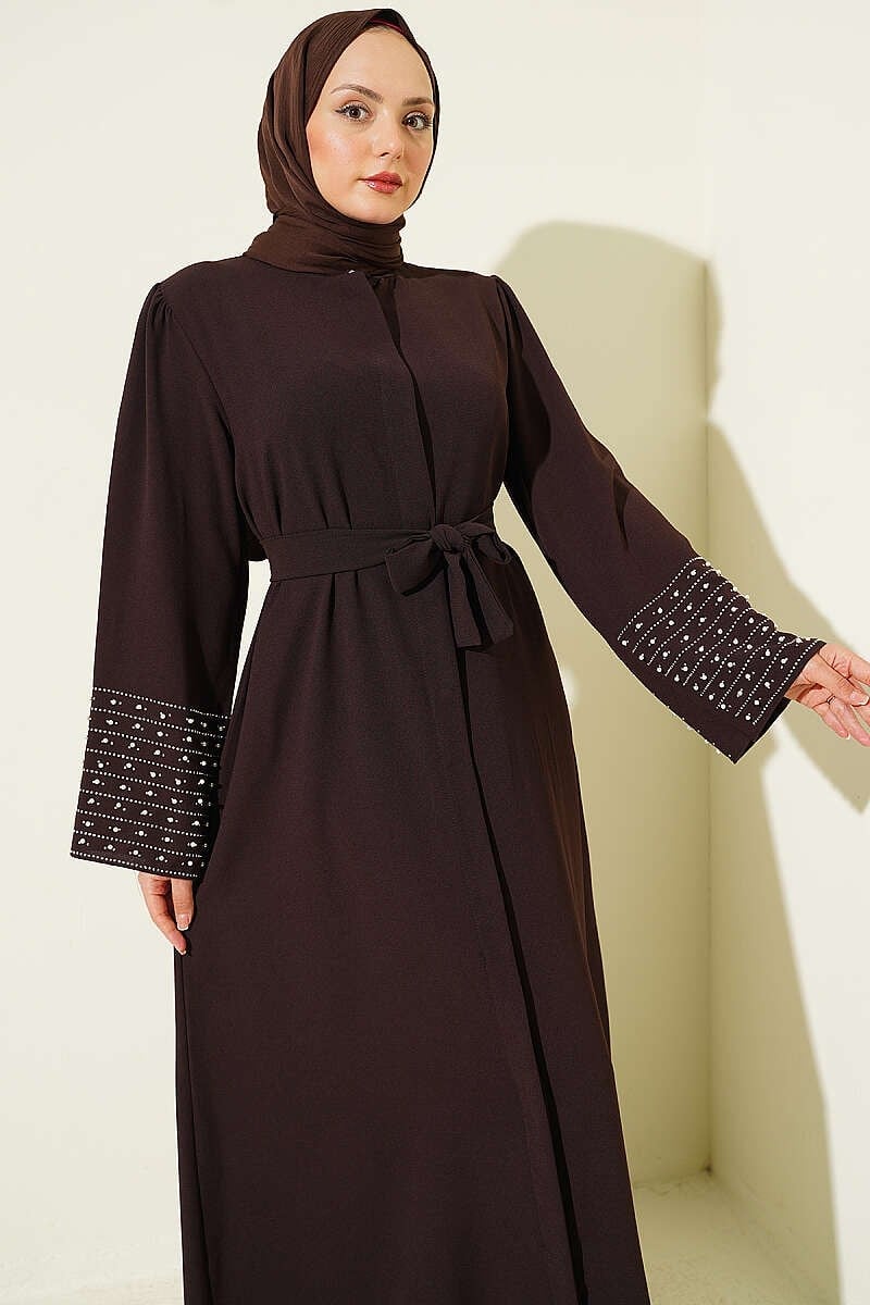 Kolları İnci Süslemeli Abaya Kahve