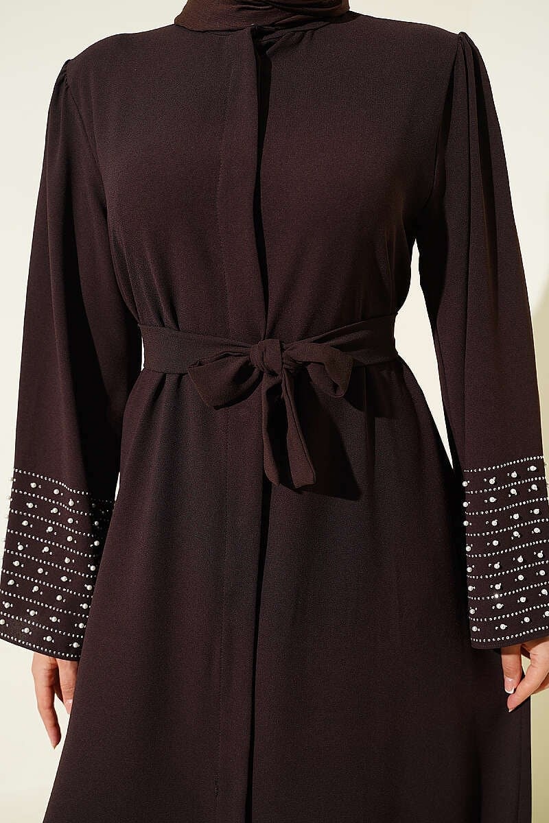 Kolları İnci Süslemeli Abaya Kahve