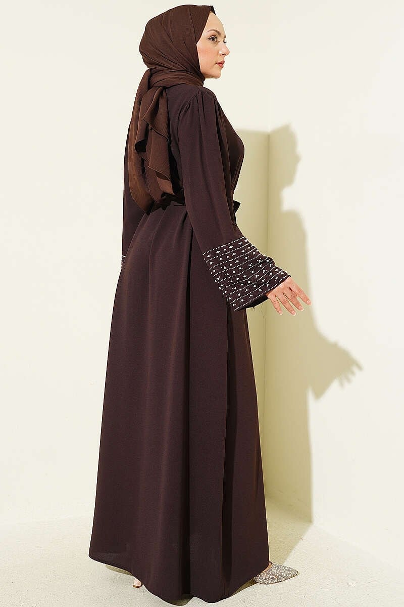 Kolları İnci Süslemeli Abaya Kahve