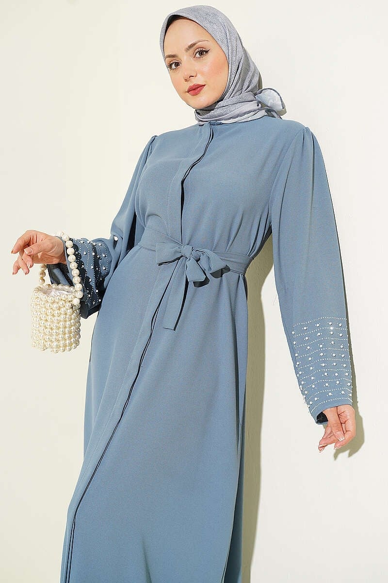 Kolları İnci Süslemeli Abaya Kayrak Grisi