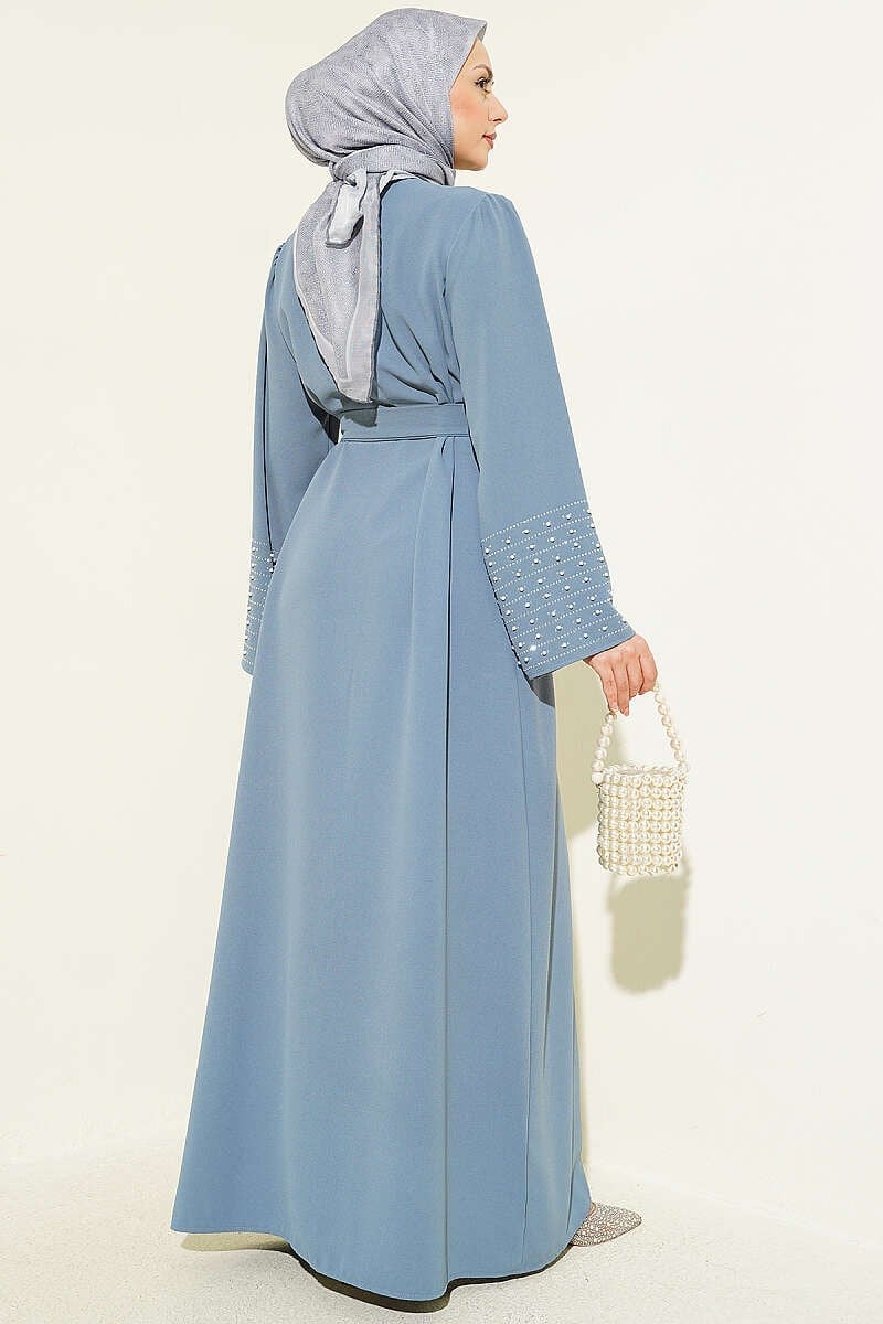 Kolları İnci Süslemeli Abaya Kayrak Grisi