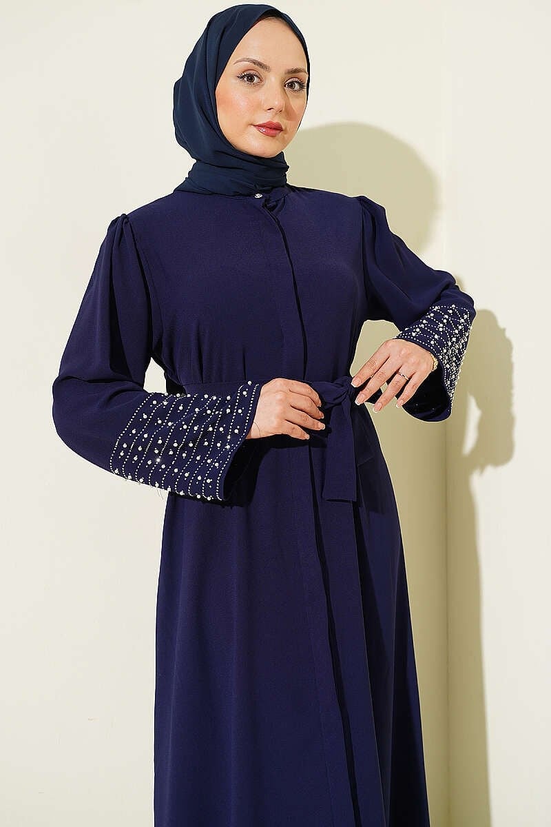 Kolları İnci Süslemeli Abaya Lacivert