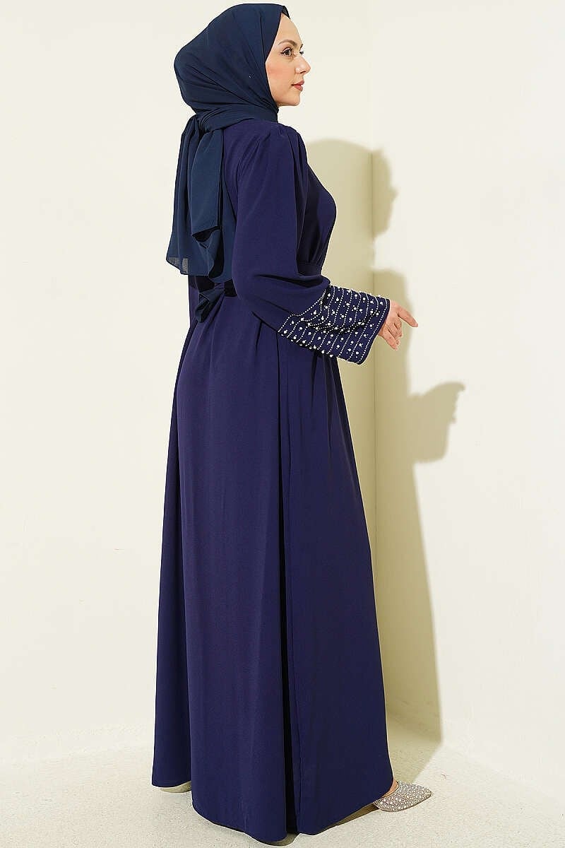 Kolları İnci Süslemeli Abaya Lacivert