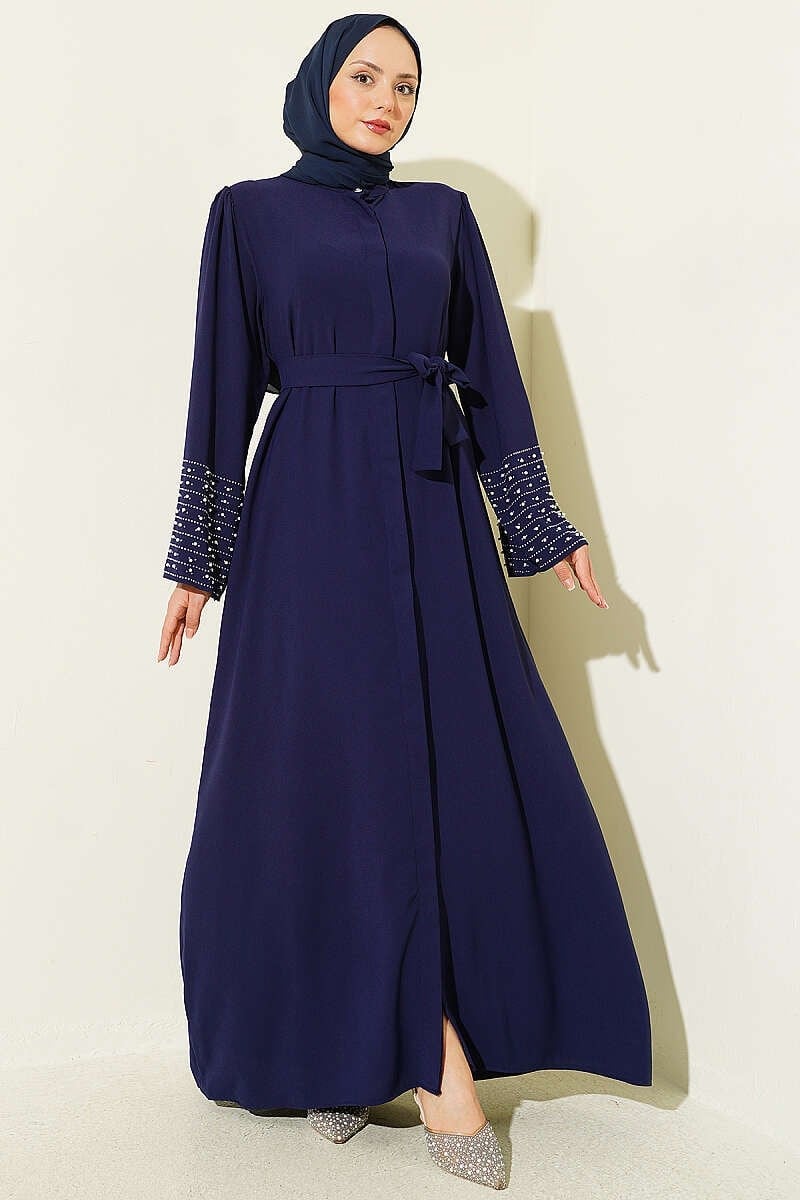 Kolları İnci Süslemeli Abaya Lacivert