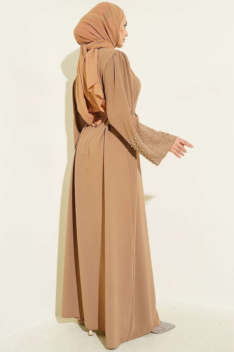 Kolları İnci Süslemeli Abaya Latte