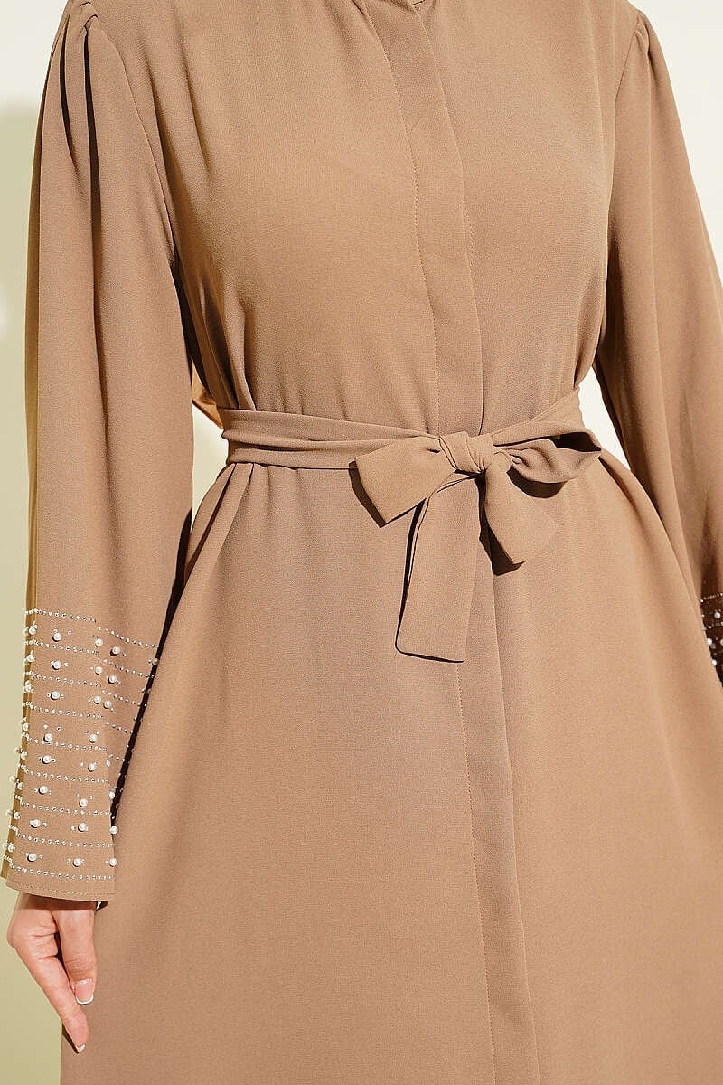 Kolları İnci Süslemeli Abaya Latte