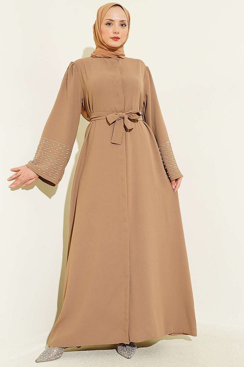 Kolları İnci Süslemeli Abaya Latte