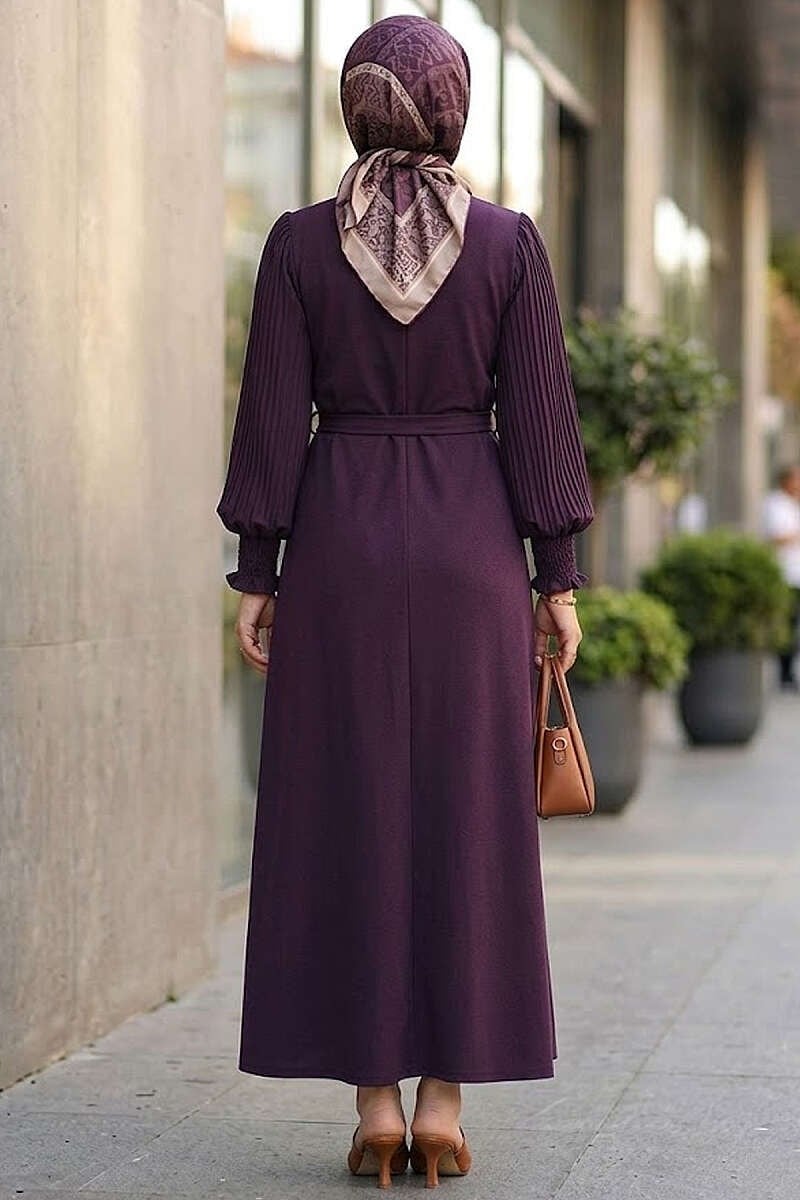 Kolları Pliseli Kuşaklı Elbise Magenta