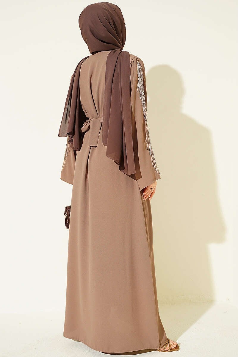 Kolları Pul Nakışlı Krep Abaya Latte