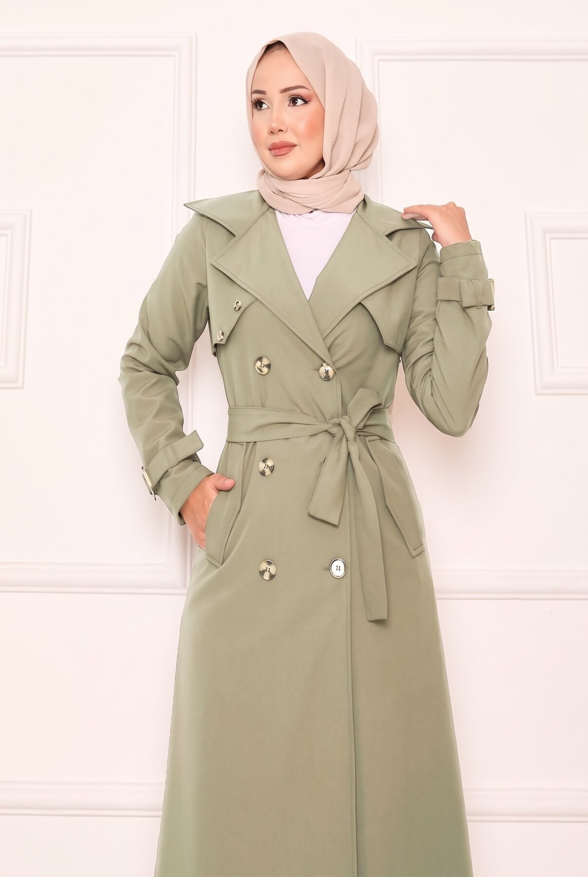 Kruvaze Düğme Detaylı Astarlı Uzun Trençkot Yeşil Olive