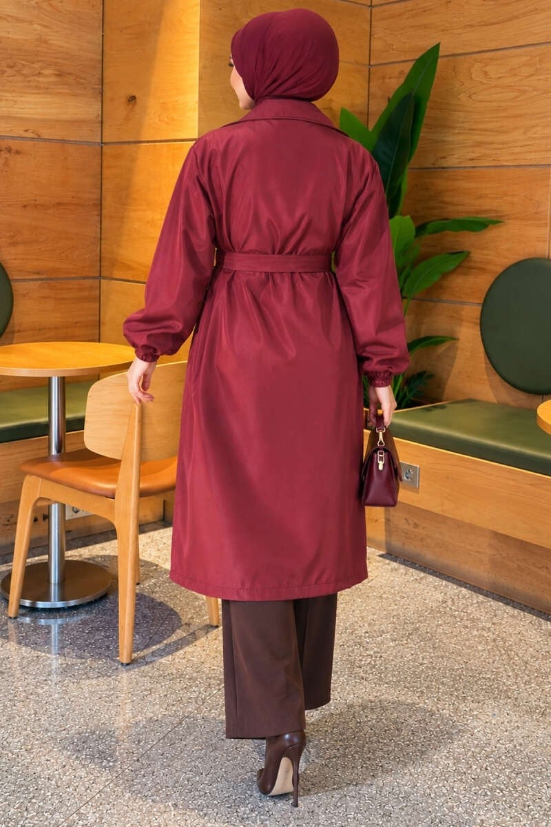 Kruvaze Yaka Bilek Lastikli Trençkot Mürdüm