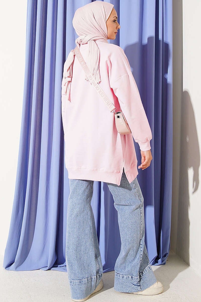 Kurdele Detaylı Bisiklet Yaka Tunik Pembe