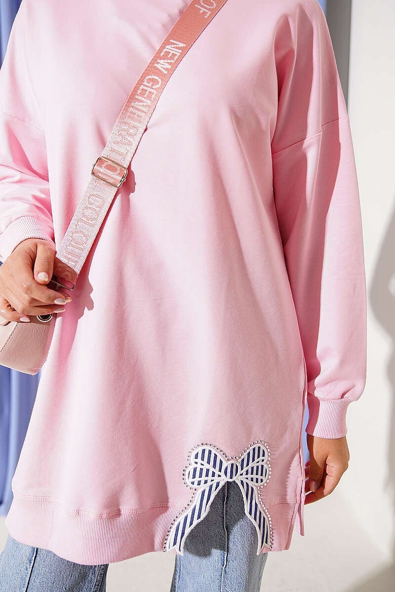 Kurdele Detaylı Bisiklet Yaka Tunik Pembe