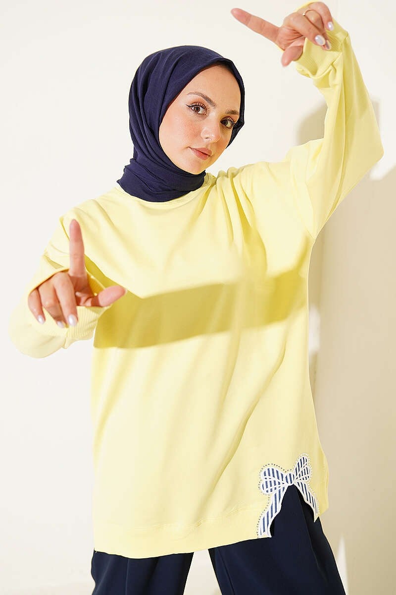 Kurdele Detaylı Bisiklet Yaka Tunik Sarı