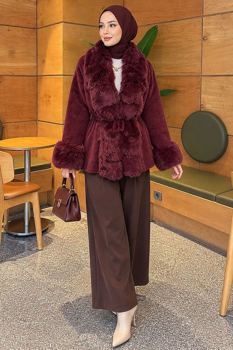 Kürklü Beli Kuşaklı Angora Kaşe Bordo