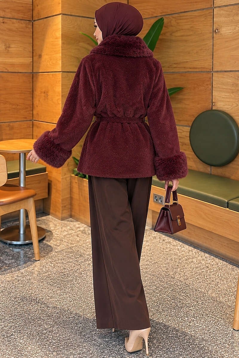 Kürklü Beli Kuşaklı Angora Kaşe Bordo