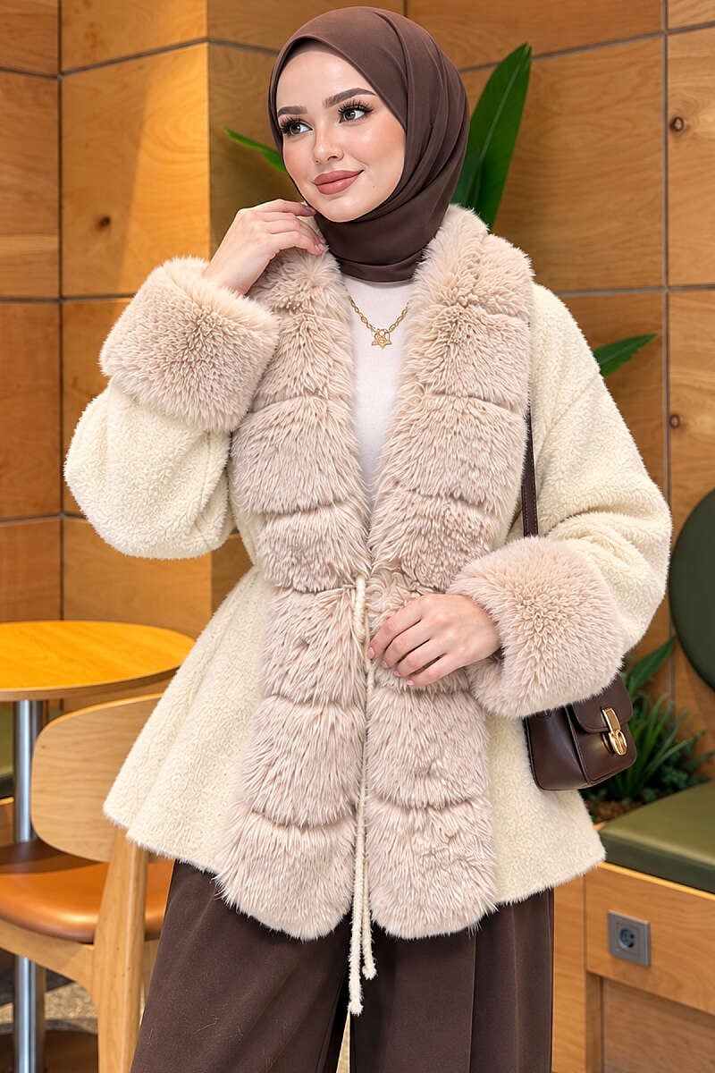 Kürklü Beli Kuşaklı Angora Kaşe Ekru