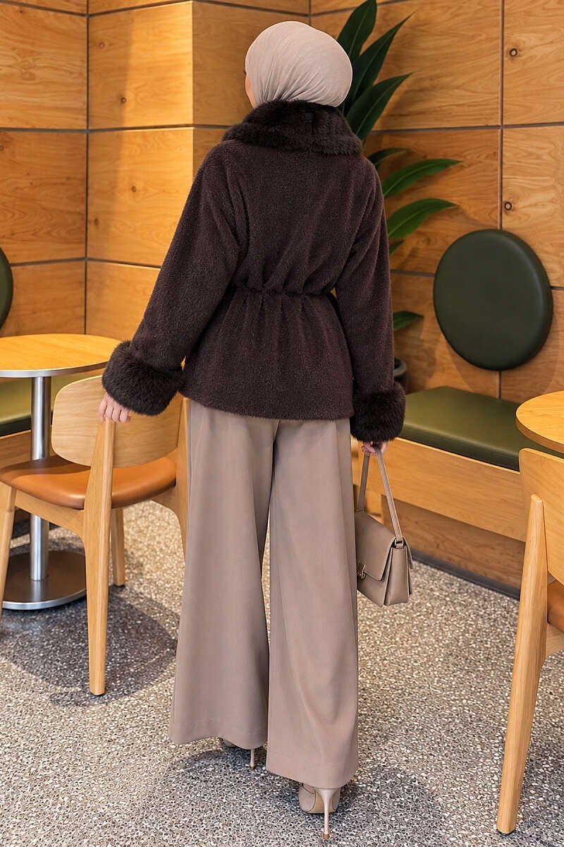 Kürklü Beli Kuşaklı Angora Kaşe Kahve