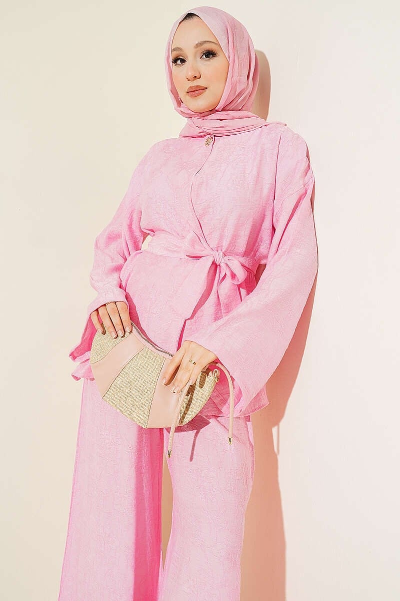 Kuşaklı Kendinden Desenli İkili Takım Pembe