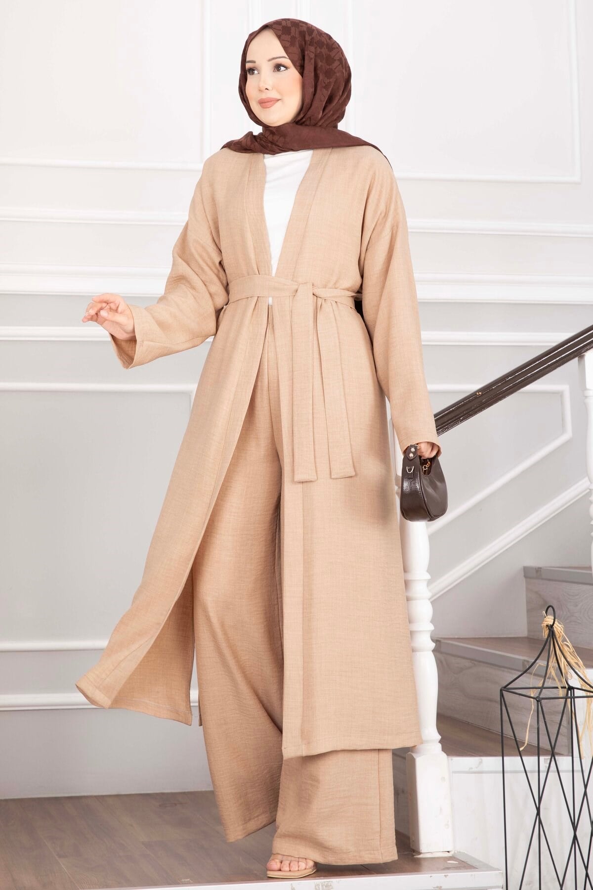 Kuşaklı Kimono Pantolon İkili Takım Camel