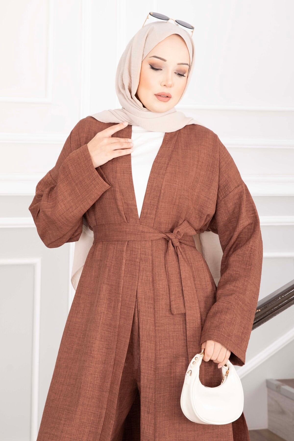 Kuşaklı Kimono Pantolon İkili Takım Kahve
