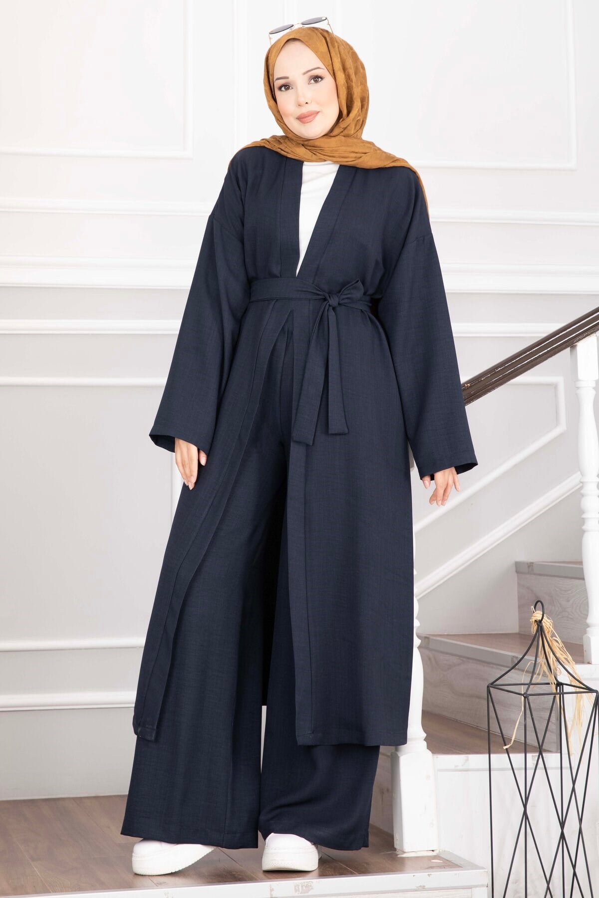 Kuşaklı Kimono Pantolon İkili Takım Lacivert