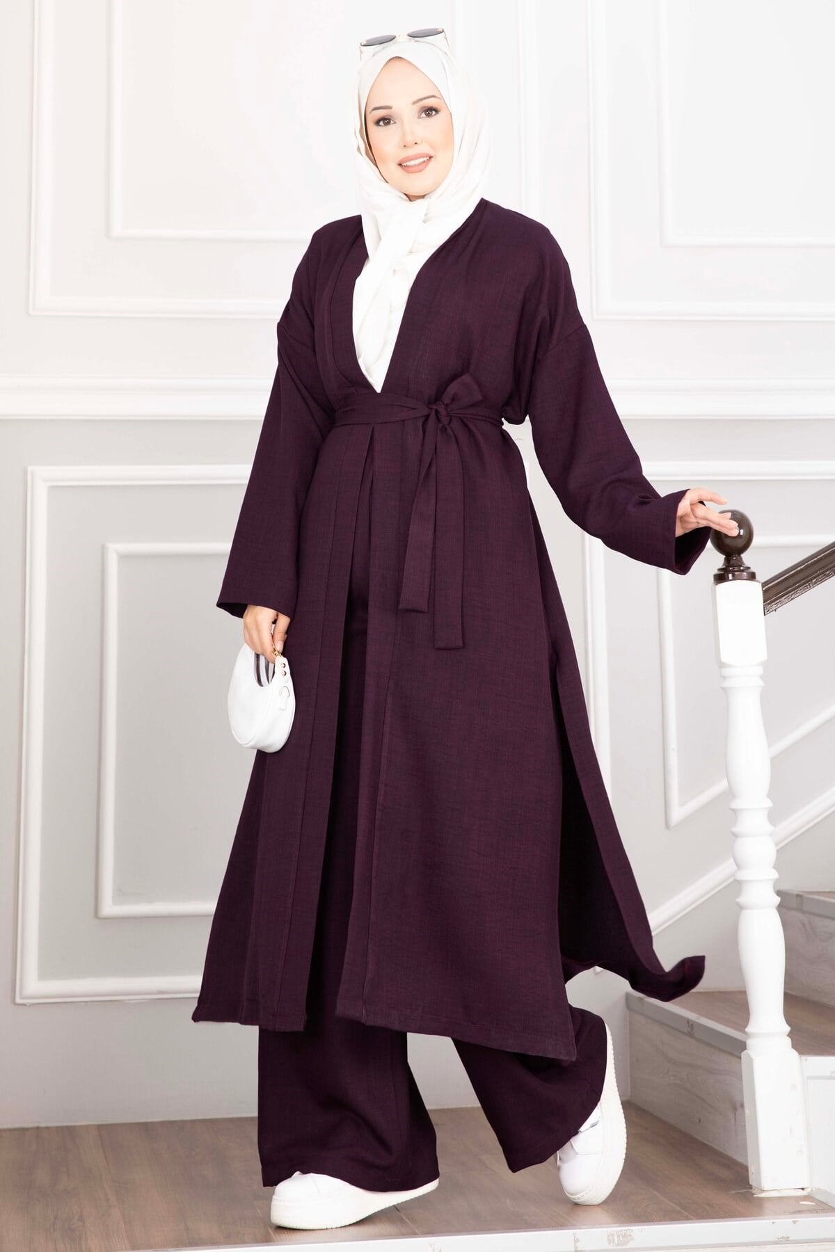 Kuşaklı Kimono Pantolon İkili Takım Mürdüm