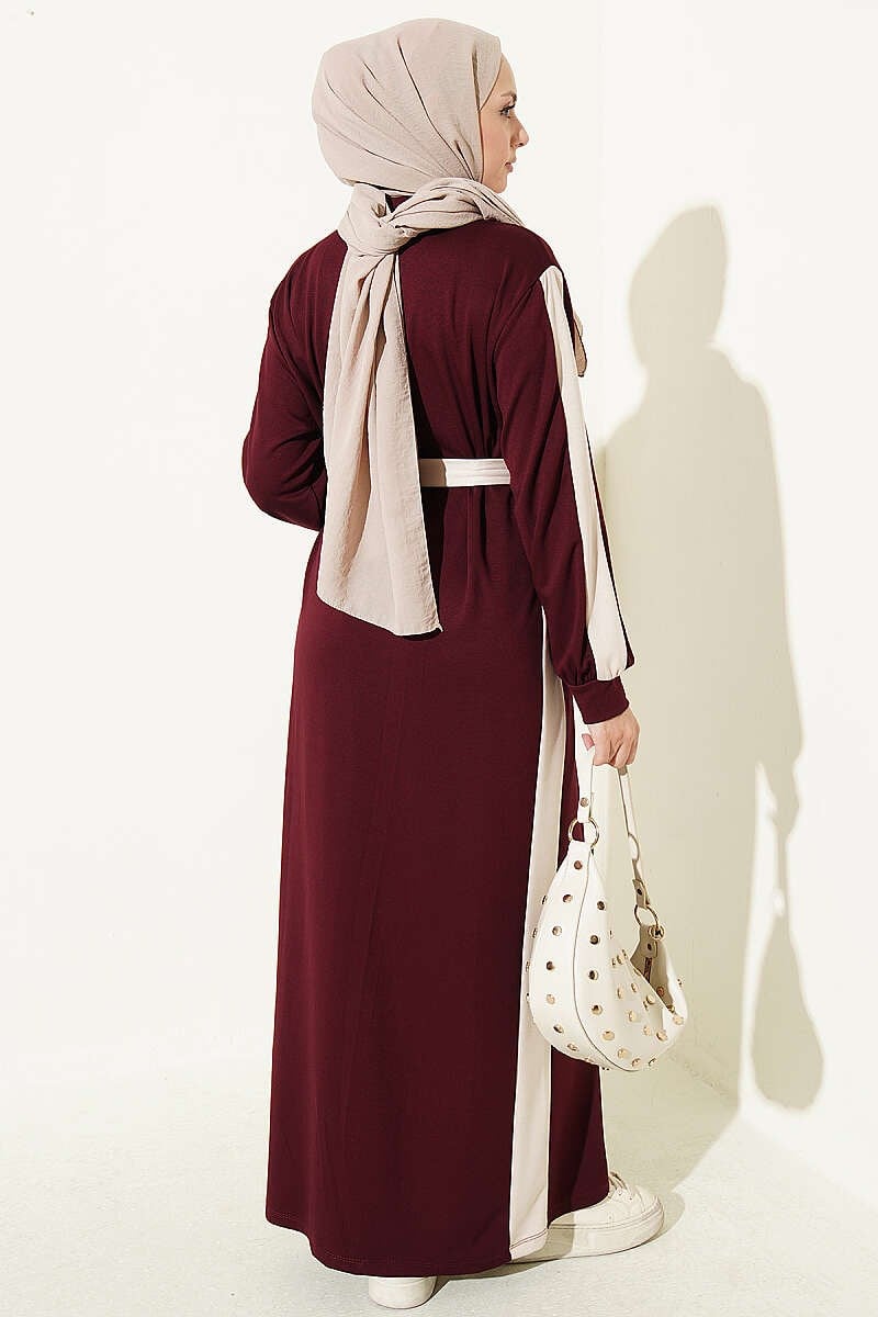 Kuşaklı Şerit Detaylı Elbise Bordo