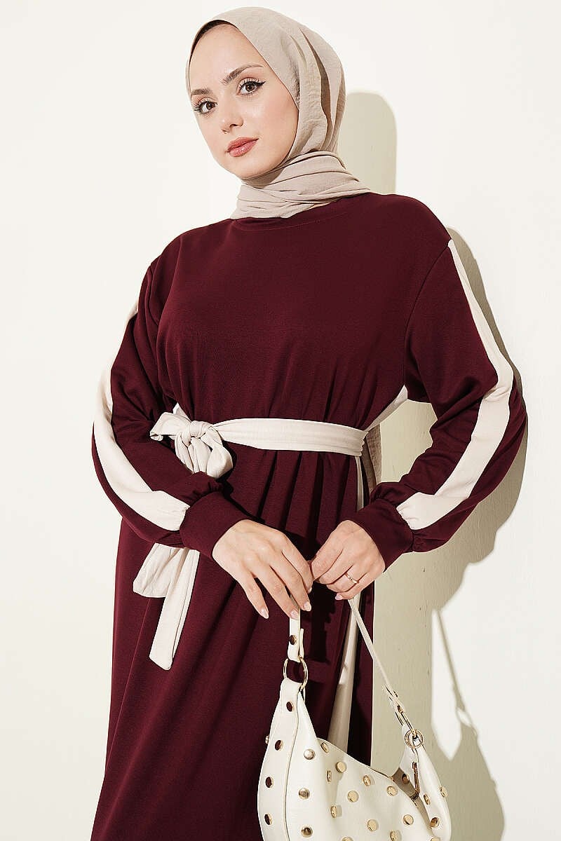 Kuşaklı Şerit Detaylı Elbise Bordo