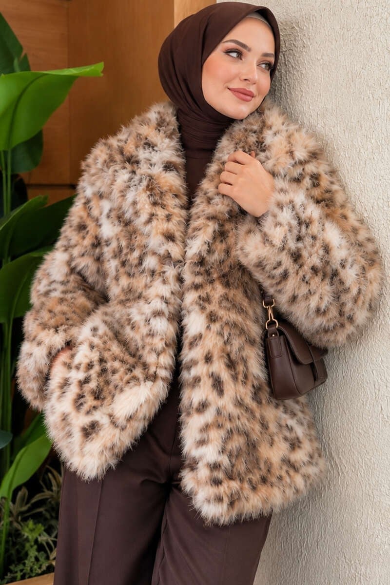 Leopar Desen Detaylı Kürk Mont Leopar
