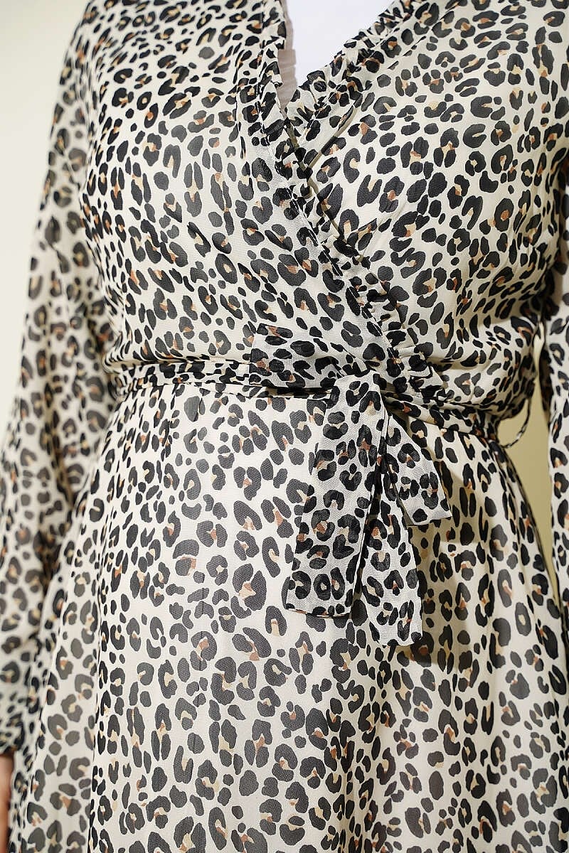 Leopar Desenli Kruvaze Yaka Elbise Ekru