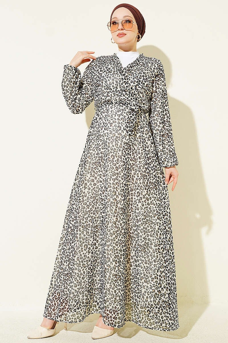 Leopar Desenli Kruvaze Yaka Elbise Ekru